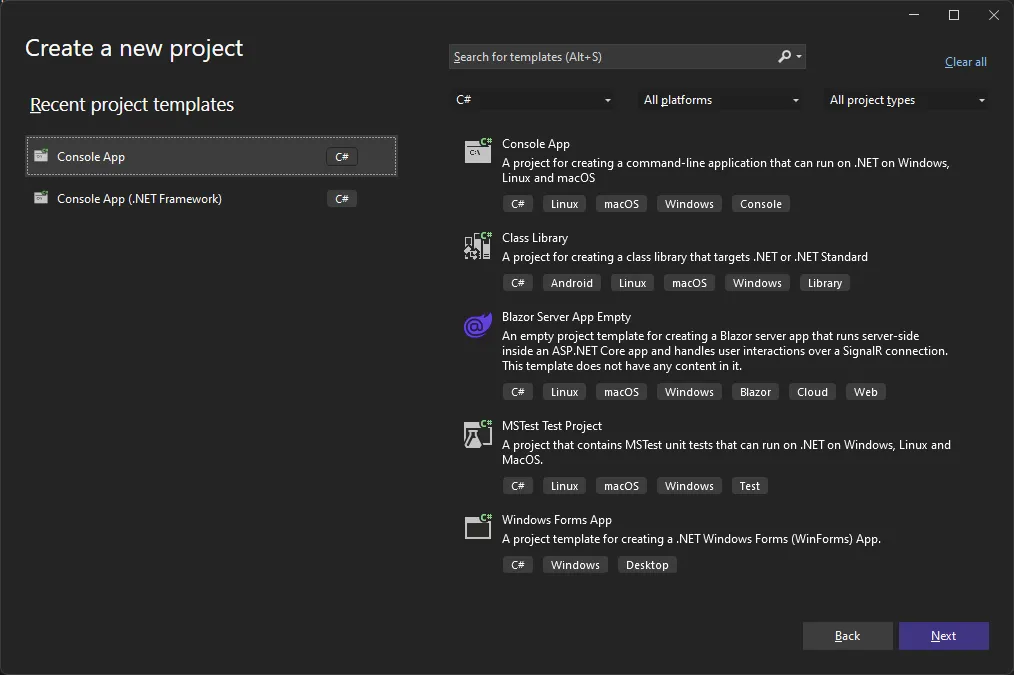 Visual Studio create new project dialog