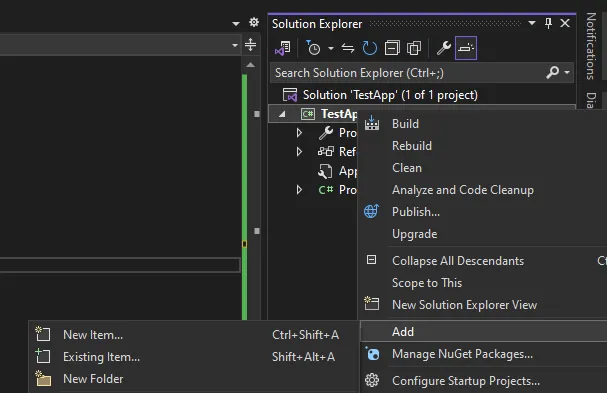 Add a file to a project via the Solution Explorer