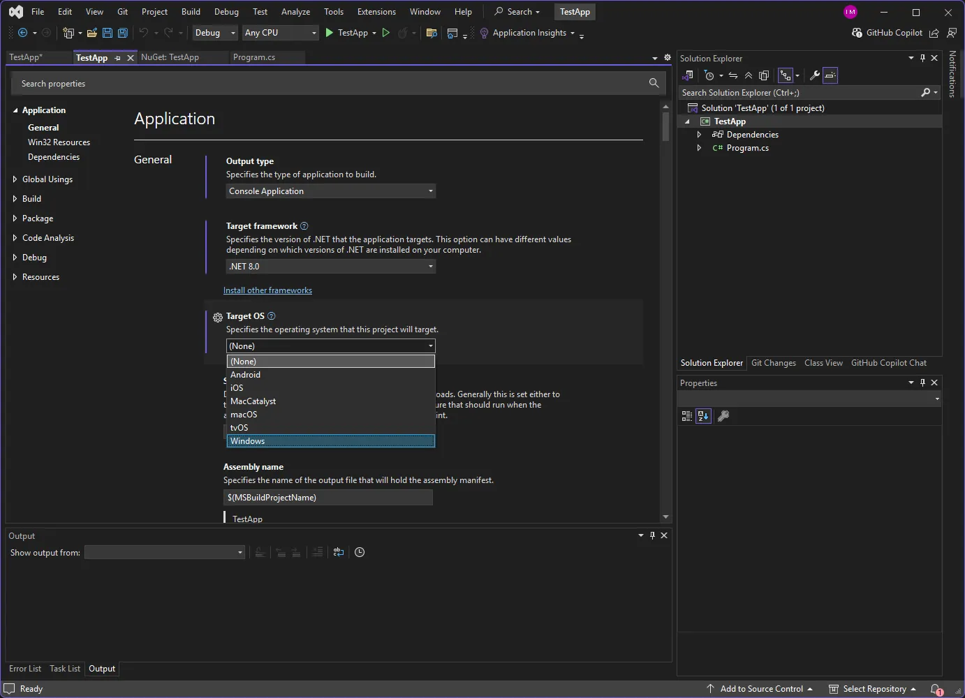 Select target OS in application properties